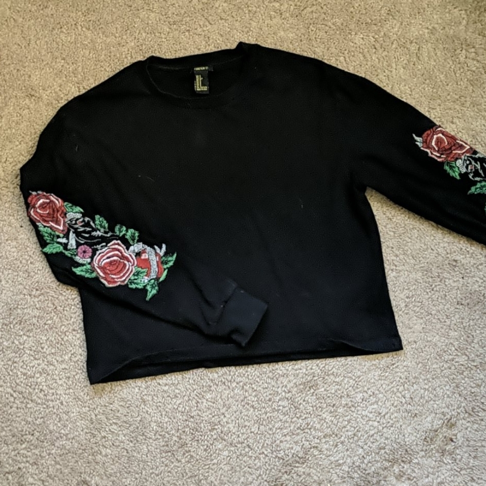 Black Forever 21 Long Sleeve Rose Embroidery Shirt